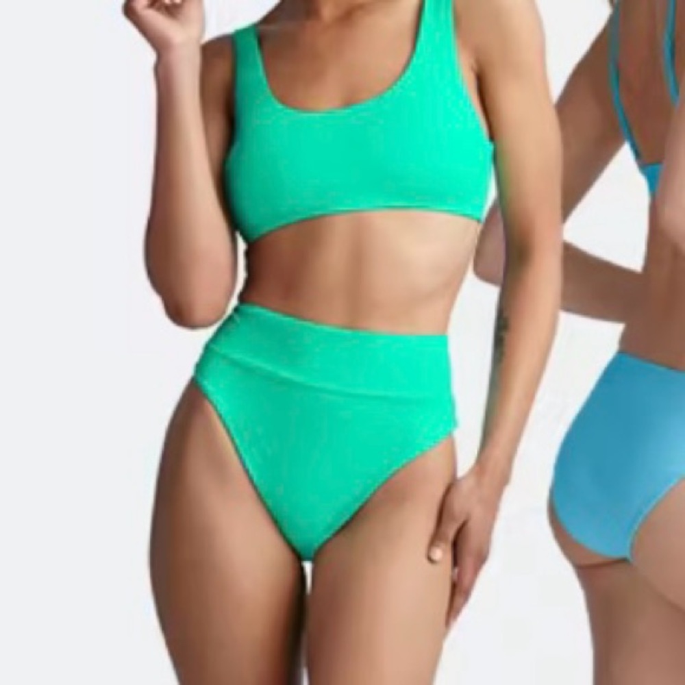 NWOT MeUndies Bikini Swimsuit Set Scoop Top / High Waisted Bottoms Teal - Large